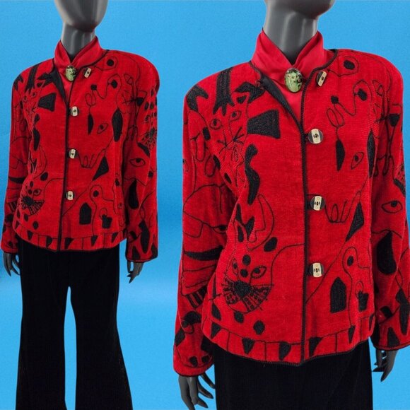 Vintage Black Cat Jacket Embroidered Red  Jacket Petite Large PL Allure Y2K Coat - Picture 6 of 10